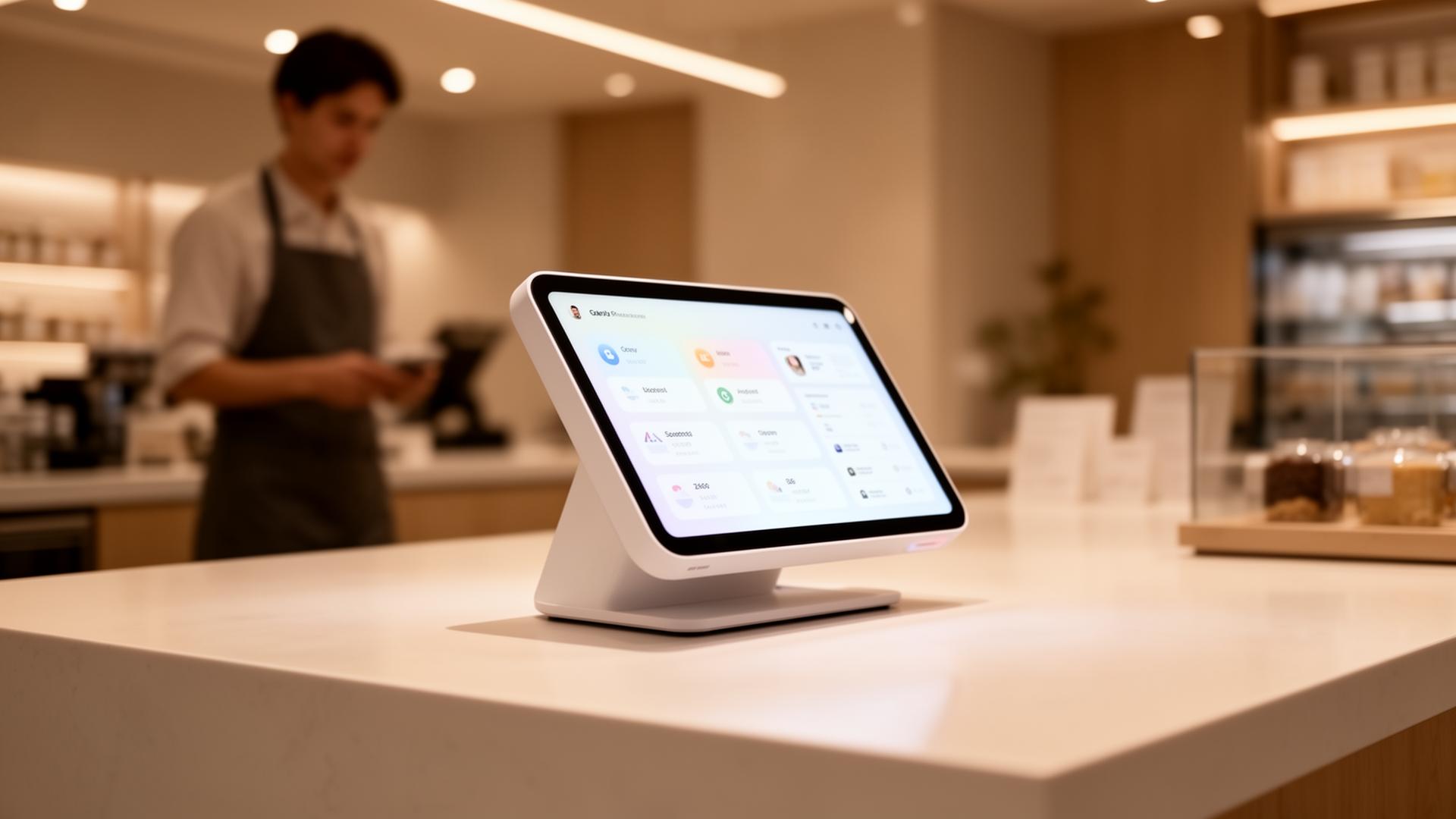 Modern cloud kassasysteem op een retail toonbank met dashboard op het scherm