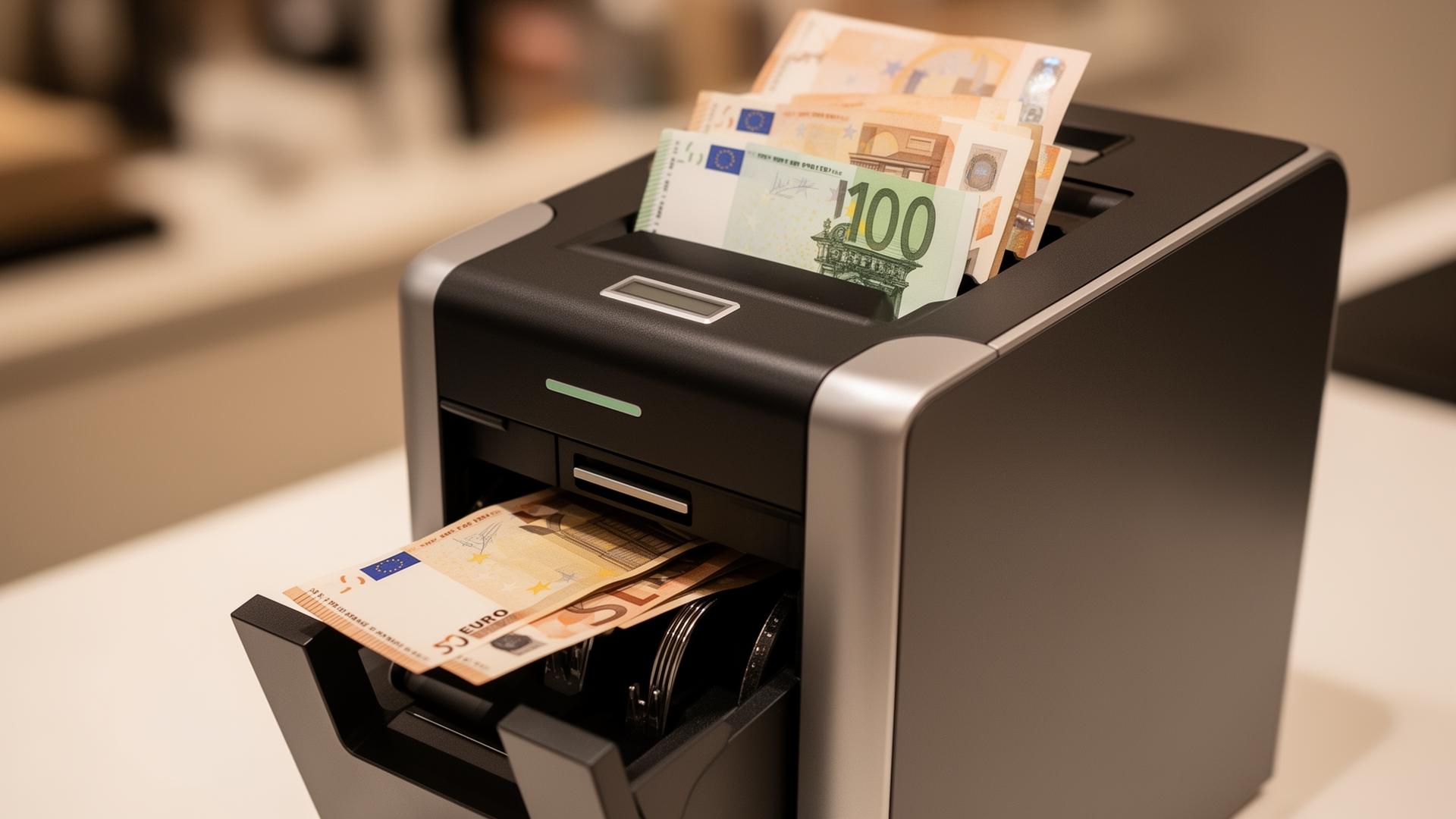 Close-up van een gesloten kassasysteem met euro biljetten die worden ingevoerd